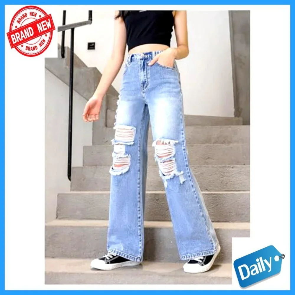 Girl's High Waist Elastic Ripped Wide Leg Jeans Distressed Denim Pants